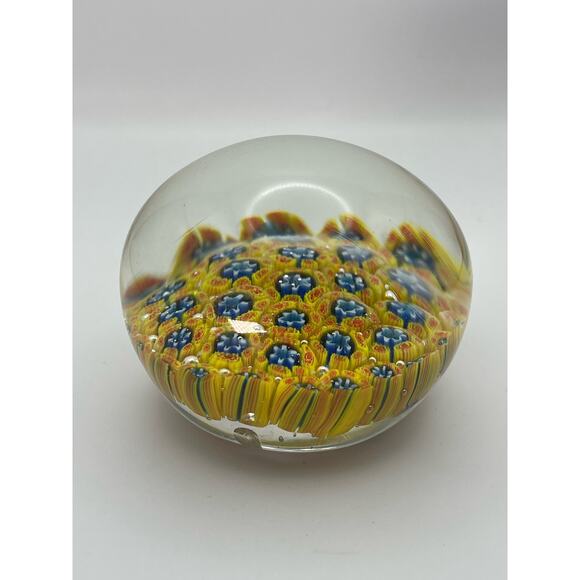 Vintage Glass Paperweight With Yellow and Blue Flowers - Picture 2 of 4